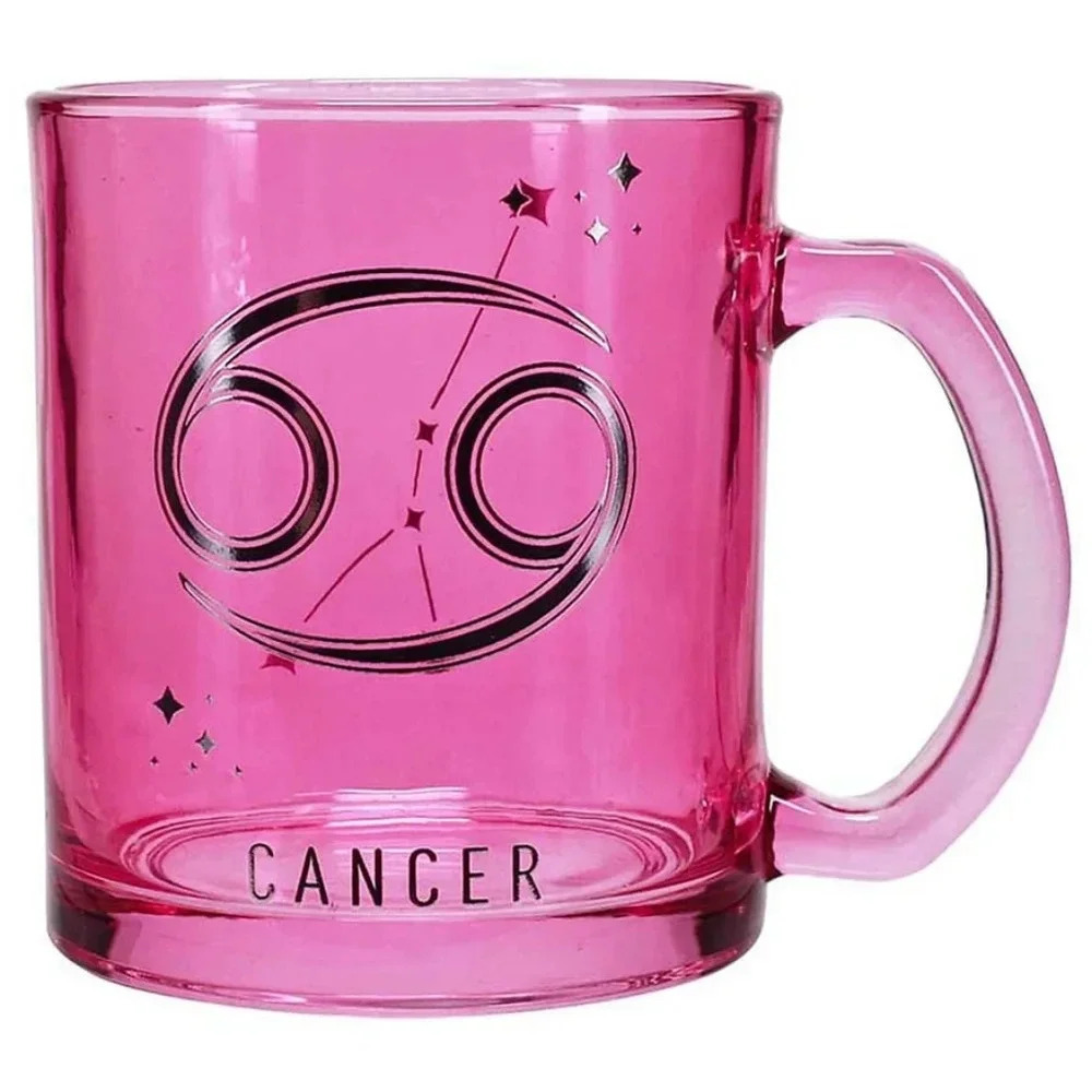 Pink zodiac cancer symbol and black silver stars mug gift June July birthday